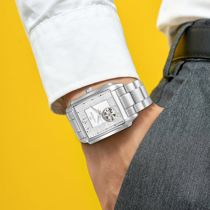 PATTOUS Square Hollow Mechanical Watch for Men – Tourbillon Design, White Dial, Stainless Steel Strap, Waterproof Business Style