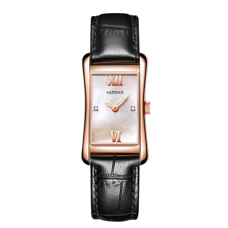 PATTOUS Vintage Small Square Quartz Women's Watch | Rose Gold Black Strap | 50M Waterproof | Elegant Casual Dress Watch