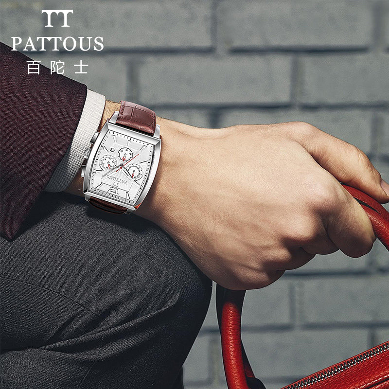 PATTOUS Multifunctional Quartz Men's Watch | Tonneau & Square Case | White Dial Coffee Leather Strap | Chronograph, 24H, Luminous, Date | 50M Waterproof