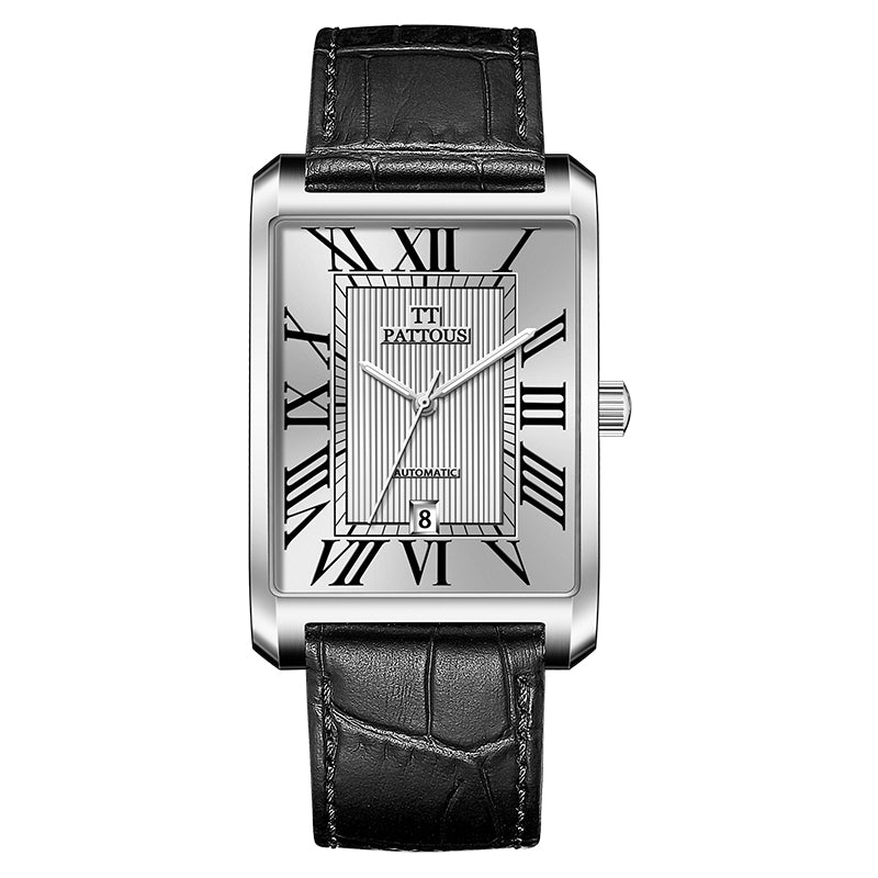 PATTOUS Rectangular Ultra-Thin Automatic Mechanical Watch for Men — Sapphire Crystal, Leather Strap, 50M WR