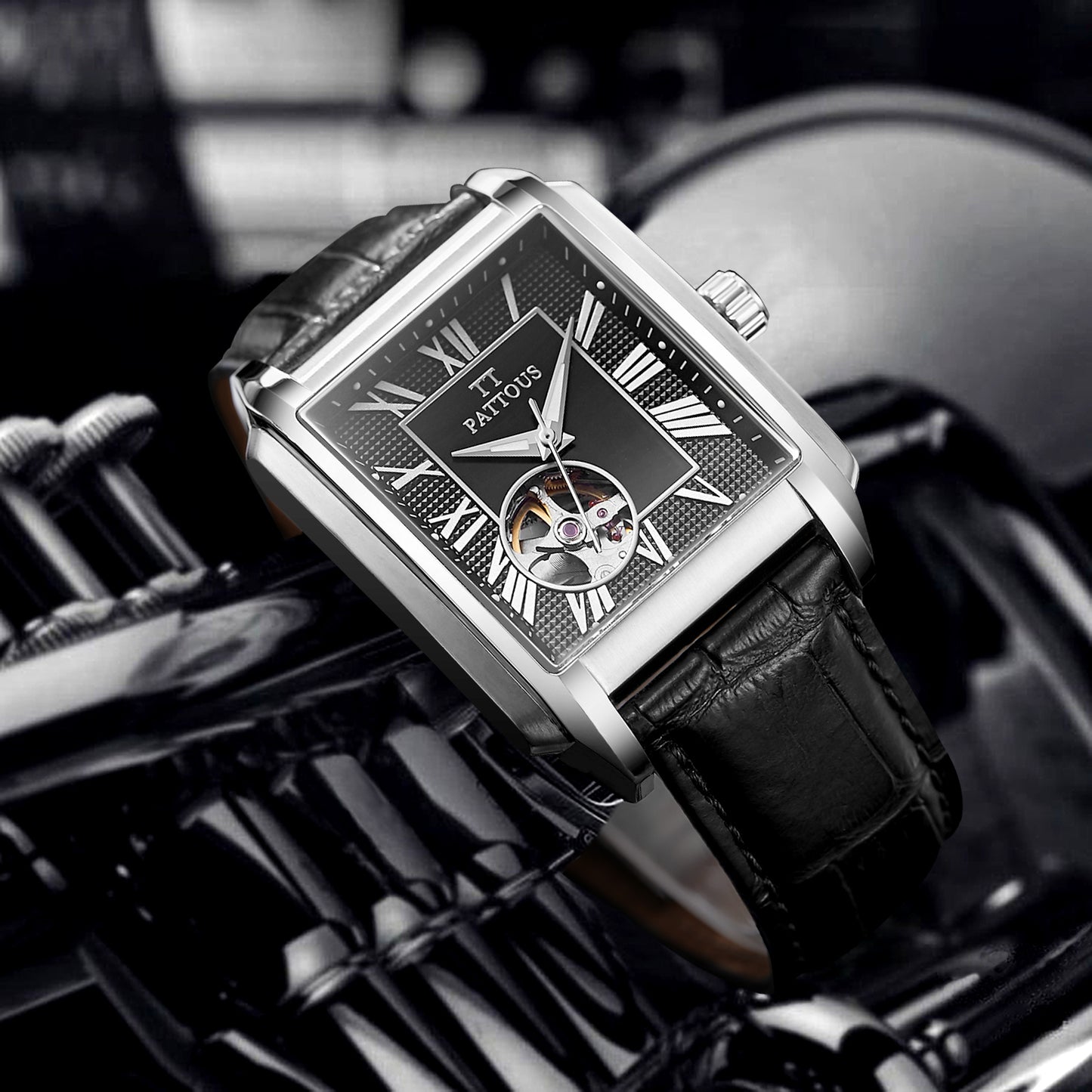 PATTOUS Men's Square Skeleton Watch | Tourbillon | Black Dial | Steel Band | Mechanical | Water-Resistant