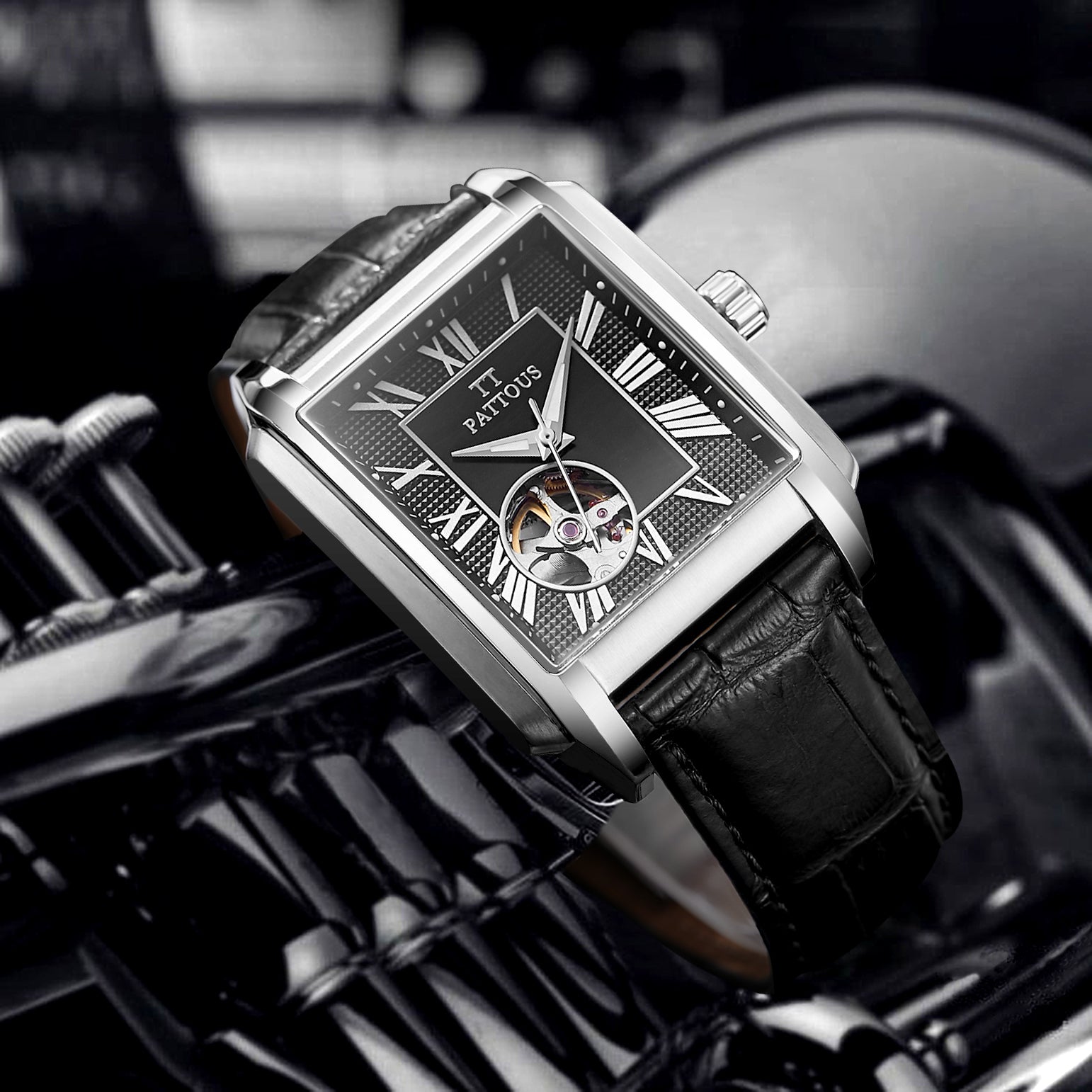 PATTOUS Men's Square Skeleton Watch | Tourbillon | Black Dial | Steel Band | Mechanical | Water-Resistant