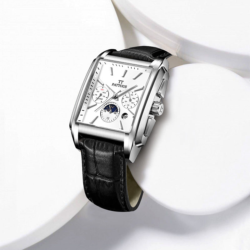 PATTOUS Stylish Square Moon Phase Mechanical Watch | Automatic | Luminous & Waterproof |
