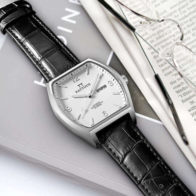 PATTOUS Tonneau Automatic Mechanical Men's Watch | White Dial | Luminous, Date, Day & See-Through Caseback | 50M Waterproof | Steel & Leather Strap Options