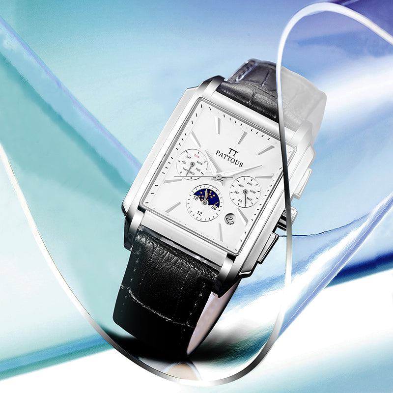 PATTOUS Stylish Square Moon Phase Mechanical Watch | Automatic | Luminous & Waterproof |