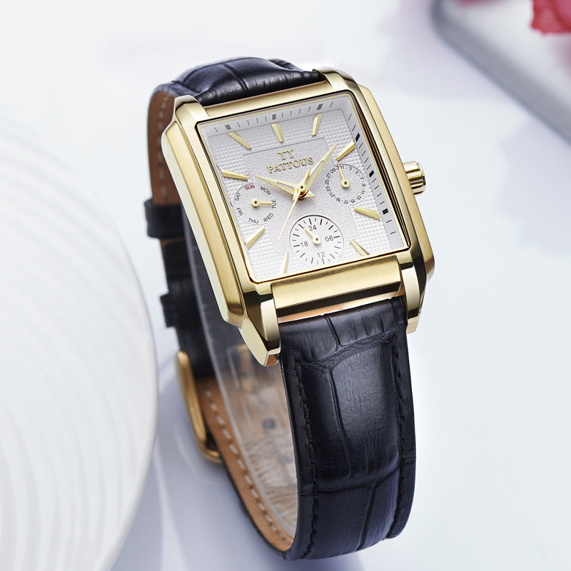 PATTOUS Square Quartz Women's Watch | Rose Gold White Dial Black Leather Strap | Luminous, Date, Day & 24H Display | 50M Waterproof | Elegant Gift