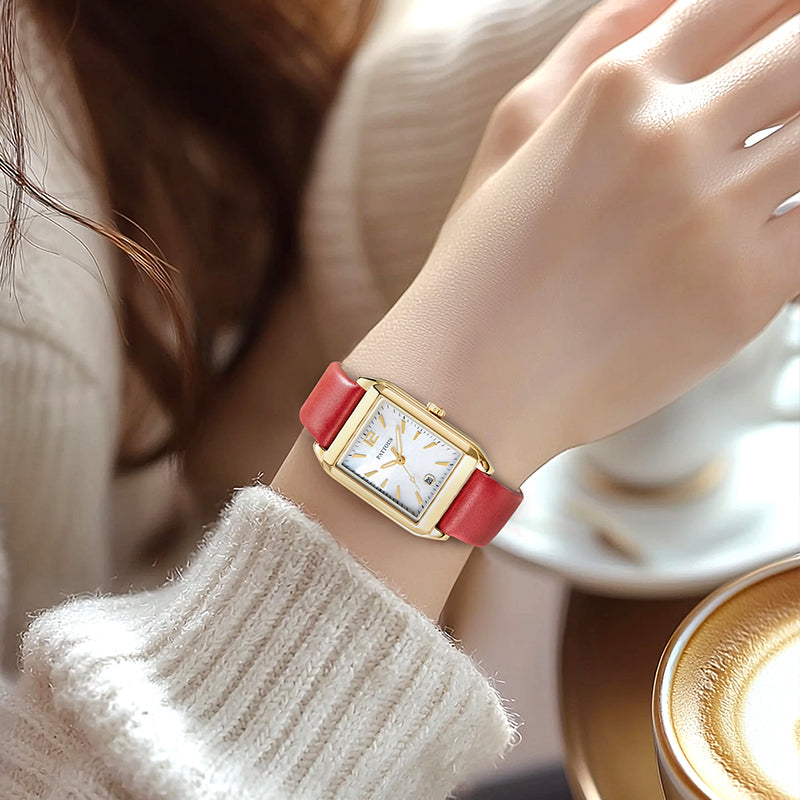 PATTOUS Vintage Small Square Quartz Women's Watch | Gold Case Burgundy Leather Strap |50M Waterproof | Elegant Dress Watch