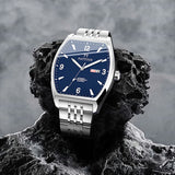 PATTOUS Tonneau Automatic Mechanical Men's Watch | Deep Blue Large Dial | Luminous, Date, Day & See-Through Caseback | 50M Waterproof Steel Bracelet