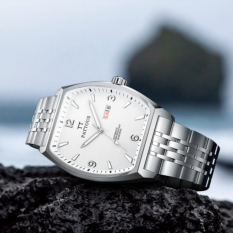 PATTOUS Tonneau Automatic Mechanical Men's Watch | White Dial | Luminous, Date, Day & See-Through Caseback | 50M Waterproof | Steel & Leather Strap Options