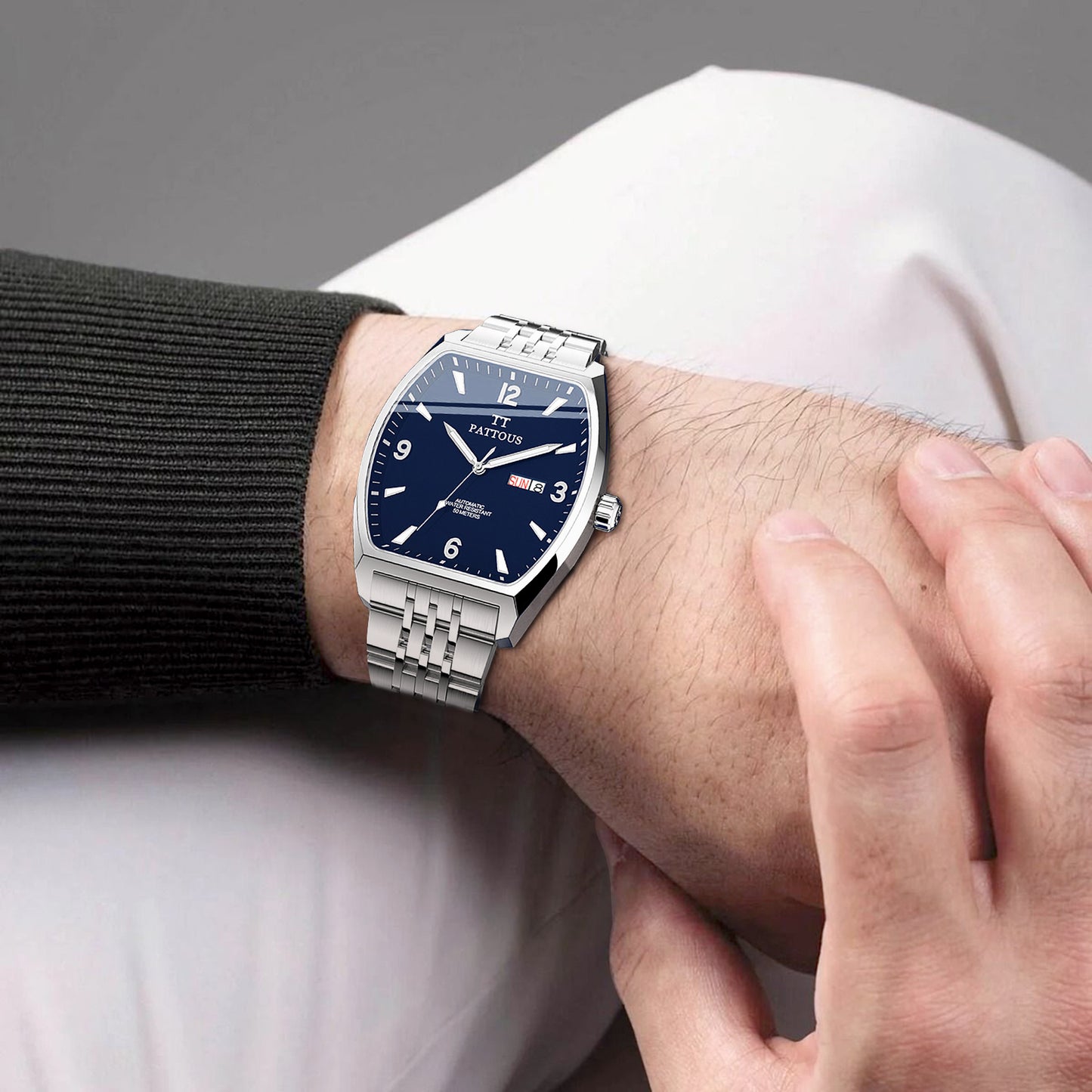 PATTOUS Tonneau Automatic Mechanical Men's Watch | Deep Blue Large Dial | Luminous, Date, Day & See-Through Caseback | 50M Waterproof Steel Bracelet