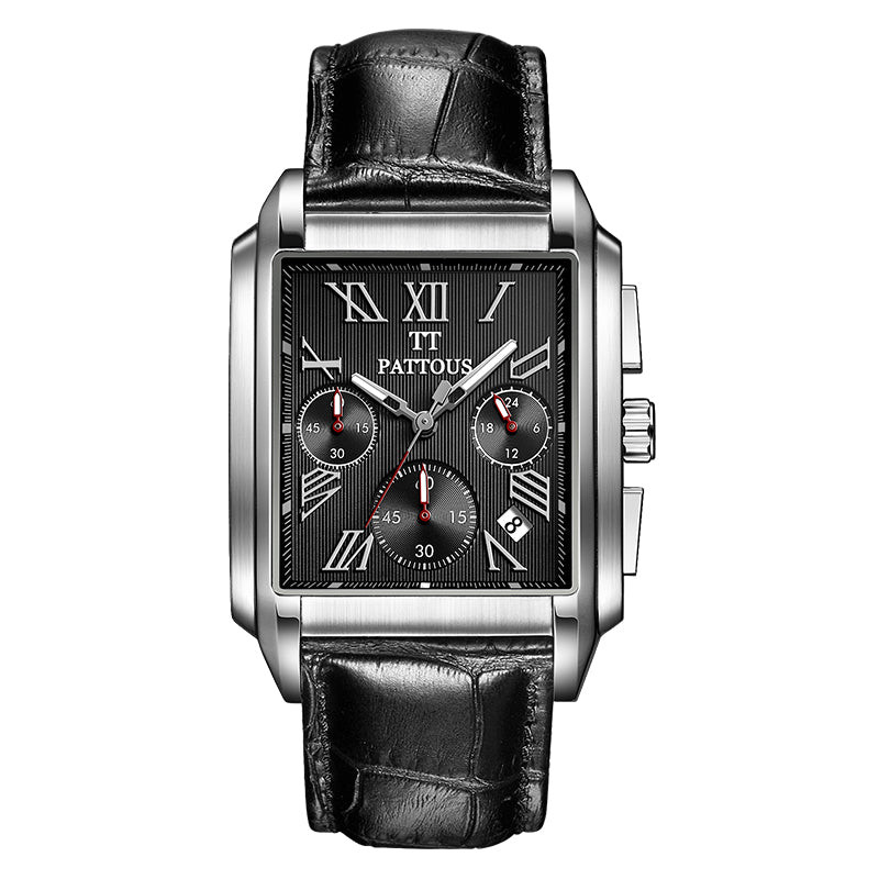 PATTOUS Square Multifunction Men's Watch | Quartz Movement | 50M Water Resistant | Genuine Leather Strap