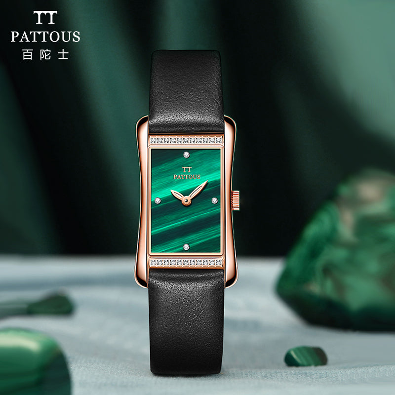 PATTOUS Vintage Small Square Quartz Women's Watch | Diamond Green Dial || 50M Waterproof | Upgraded Luxury Dress Watch