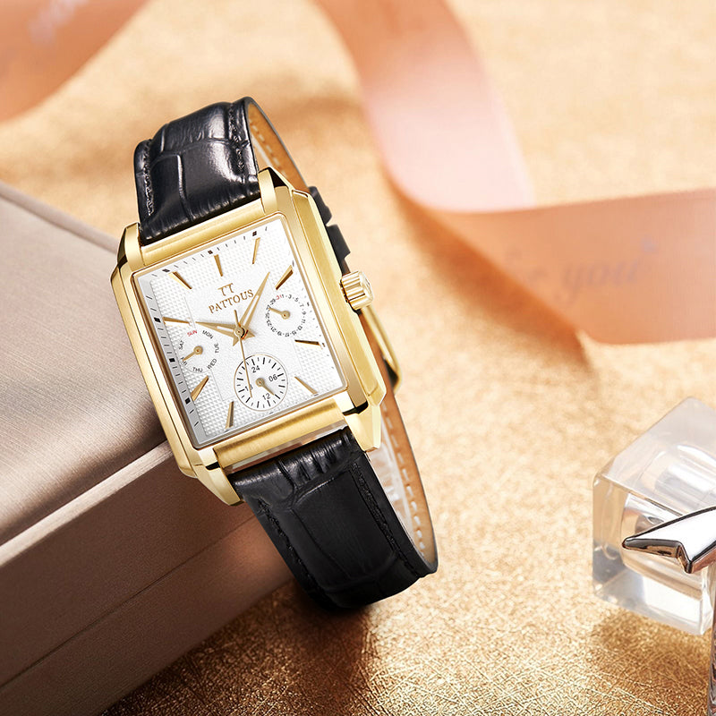 PATTOUS Square Quartz Women's Watch | Rose Gold White Dial Black Leather Strap | Luminous, Date, Day & 24H Display | 50M Waterproof | Elegant Gift