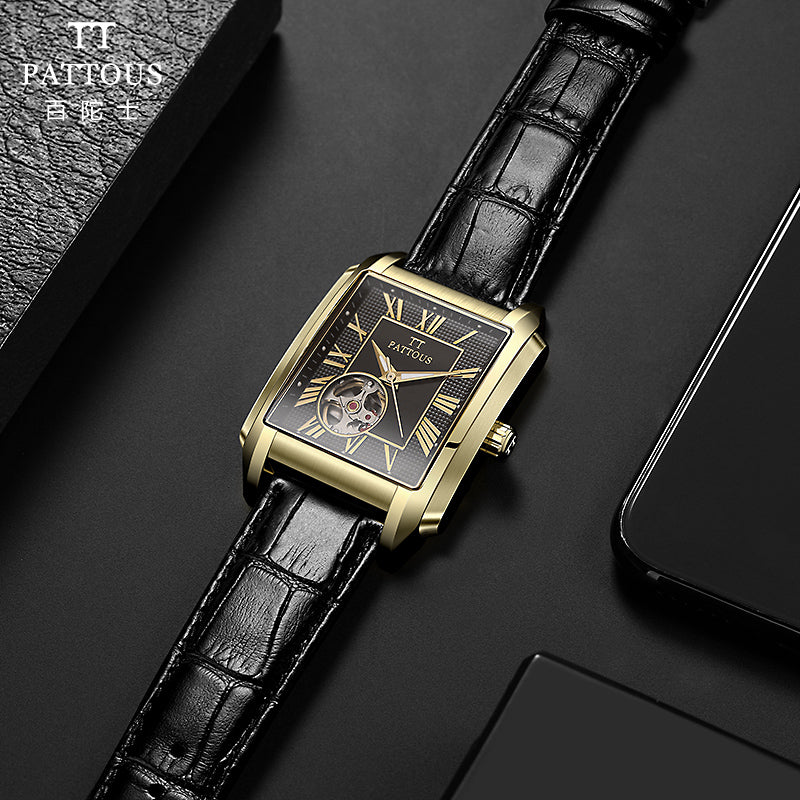 PATTOUS Men's Luxury Square Skeleton Automatic Watch - Gold Black