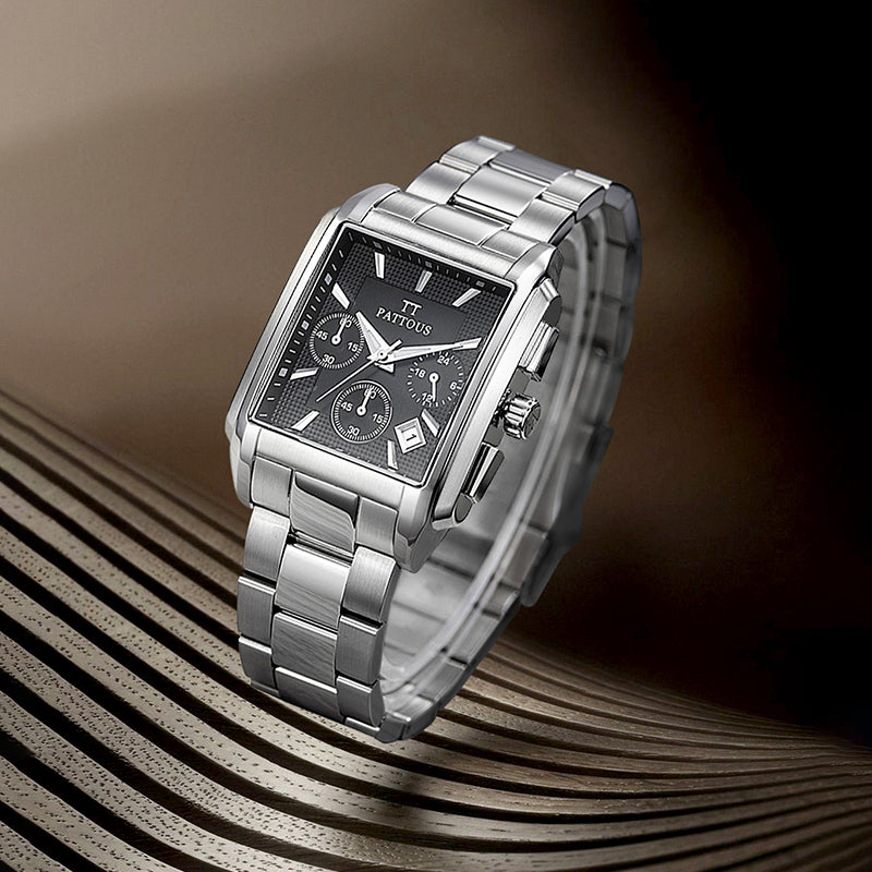PATTOUS Men's Square Watch | Multifunction | Stainless Steel | Quartz | Water-Resistant