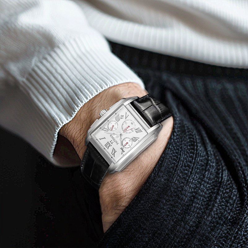 PATTOUS Square Dial Men's Watch – Versatile White Face, Multifunction Quartz, Sport Casual Style