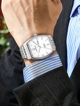 PATTOUS Tonneau Automatic Mechanical Men's Watch | White Dial | Luminous, Date, Day & See-Through Caseback | 50M Waterproof | Steel & Leather Strap Options