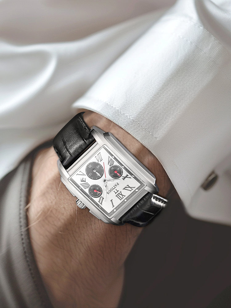 PATTOUS Stylish Rectangle Quartz Watch for Men – White Dial, Multifunction, 50M Waterproof, Perfect Boyfriend Gift