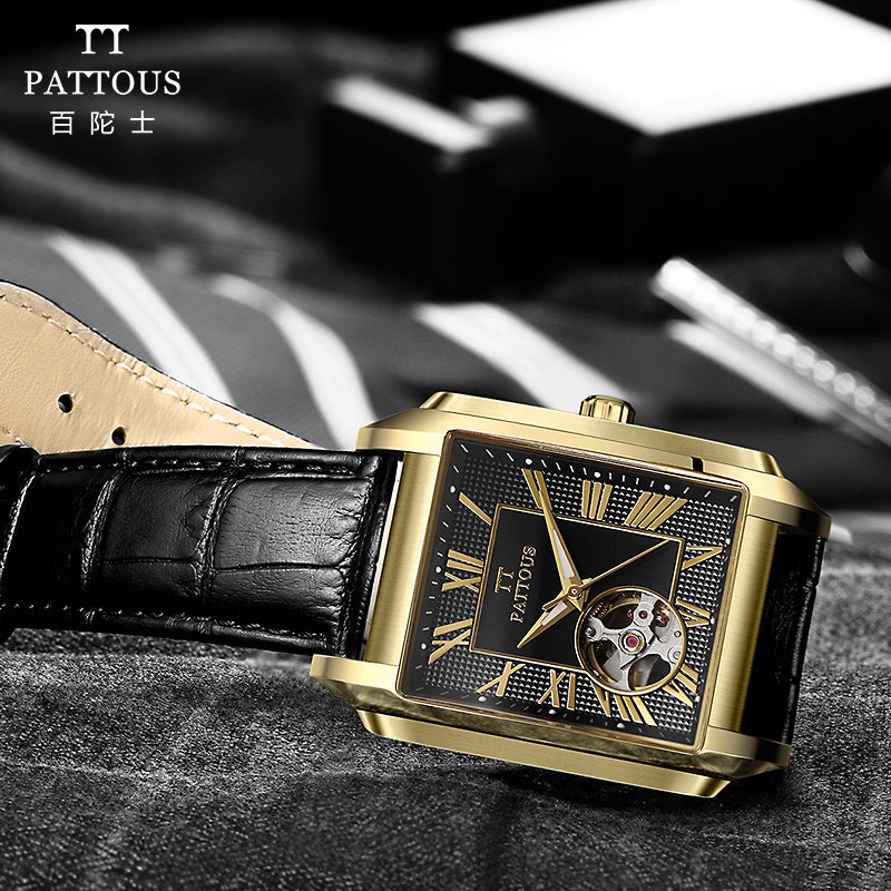 PATTOUS Men's Luxury Square Skeleton Automatic Watch - Gold Black