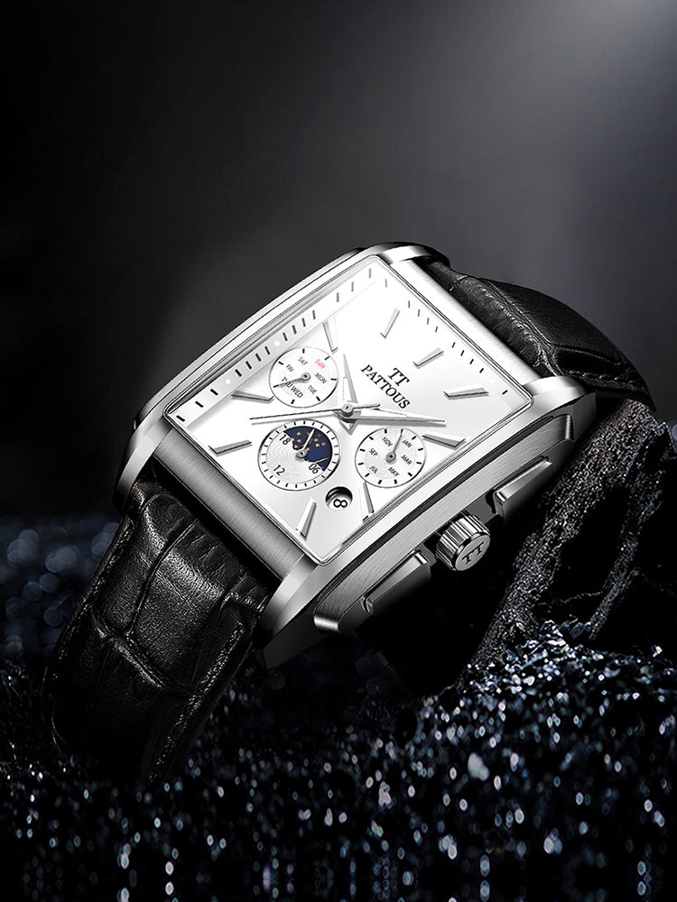 PATTOUS Stylish Square Moon Phase Mechanical Watch | Automatic | Luminous & Waterproof |