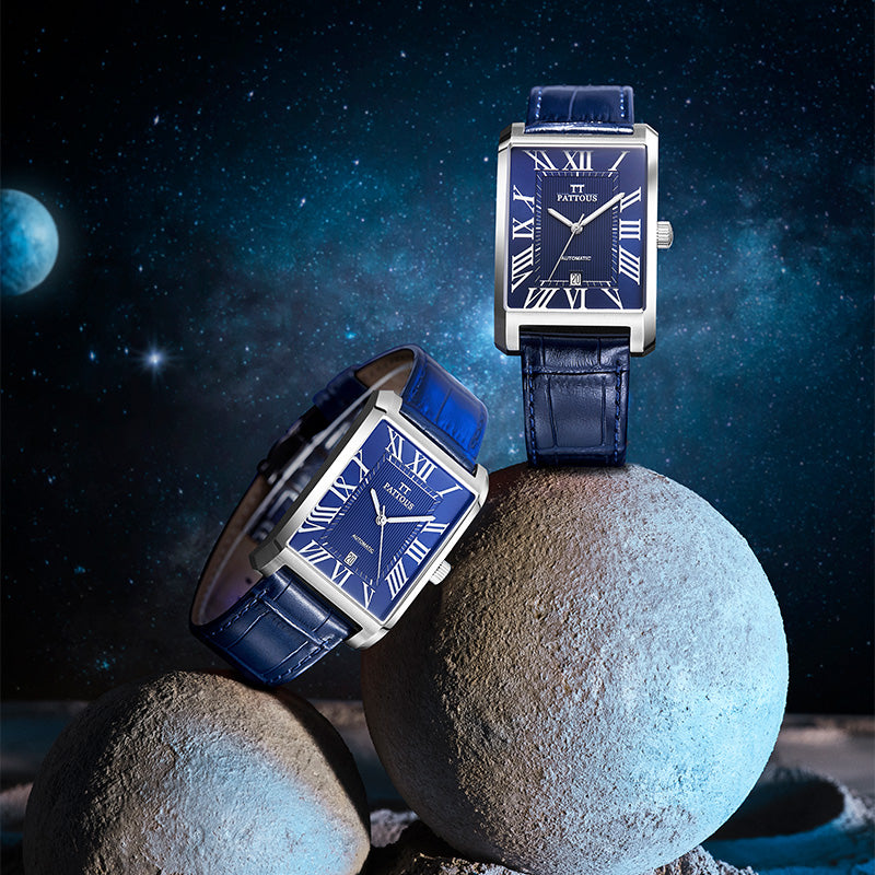 PATTOUS Square Ultra-Thin Automatic Mechanical Men's Watch | Deep Blue Dial | Luminous Hands, Date Display & See-Through Caseback | 50M Waterproof