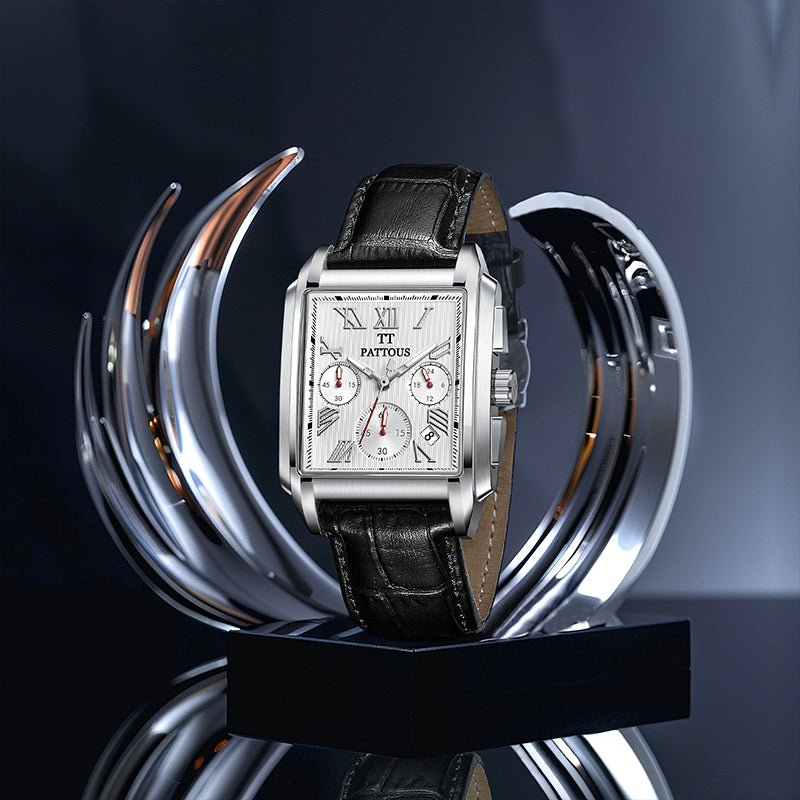 PATTOUS Square Dial Men's Watch – Versatile White Face, Multifunction Quartz, Sport Casual Style