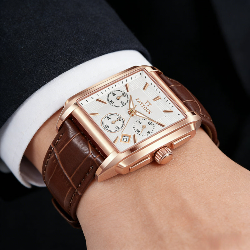 PATTOUS Men's Square Watch | Rose Gold | White Dial | Brown Leather