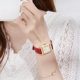 PATTOUS Vintage Small Square Quartz Women's Watch | Gold Case Burgundy Leather Strap |50M Waterproof | Elegant Dress Watch