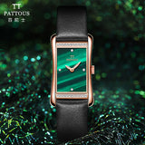 PATTOUS Vintage Small Square Quartz Women's Watch | Diamond Green Dial || 50M Waterproof | Upgraded Luxury Dress Watch