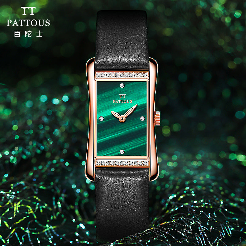 PATTOUS Vintage Small Square Quartz Women's Watch | Diamond Green Dial || 50M Waterproof | Upgraded Luxury Dress Watch
