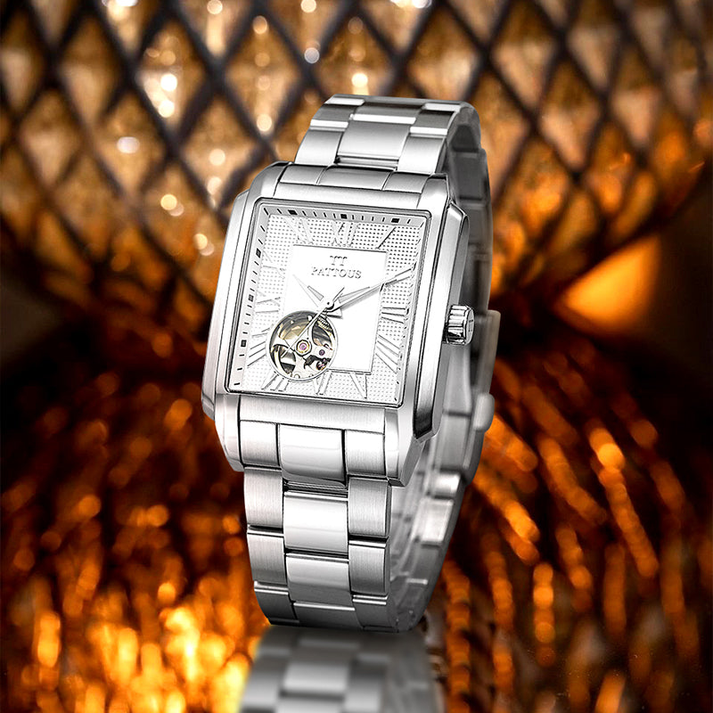 PATTOUS Square Hollow Mechanical Watch for Men – Tourbillon Design, White Dial, Stainless Steel Strap, Waterproof Business Style