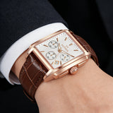 PATTOUS Men's Square Watch | Rose Gold | White Dial | Brown Leather