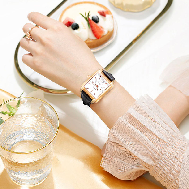 PATTOUS Square Quartz Women's Watch | Rose Gold White Dial Black Leather Strap | Luminous, Date, Day & 24H Display | 50M Waterproof | Elegant Gift