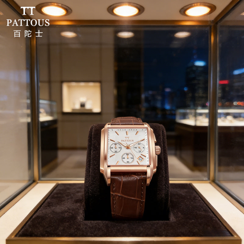 PATTOUS Men's Square Watch | Rose Gold | White Dial | Brown Leather