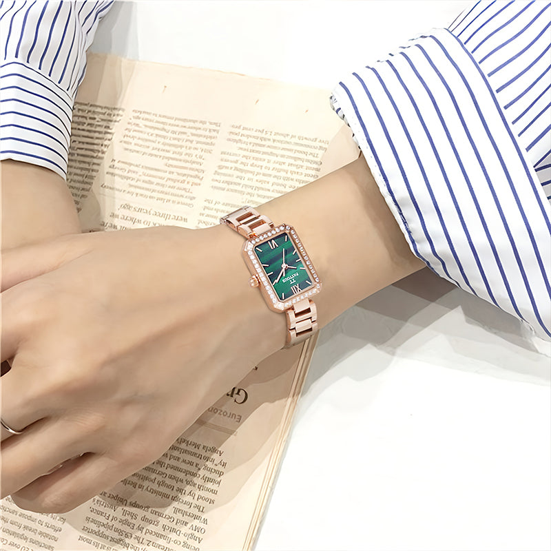PATTOUS Small Square Quartz Women's Watch | Rose Gold Green Mother-of-Pearl Dial | Steel Bracelet | 3-Hand | 50M Waterproof | Valentine's Day Gift