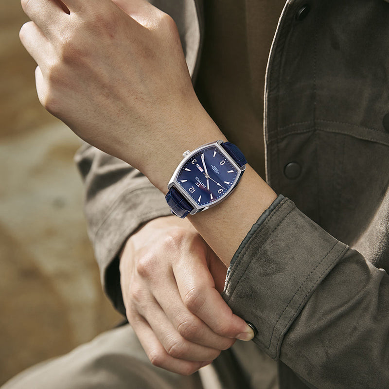 PATTOUS Tonneau Automatic Mechanical Men's Watch | Deep Blue Large Dial | Luminous, Date, Day & See-Through Caseback | 50M Waterproof Steel Bracelet