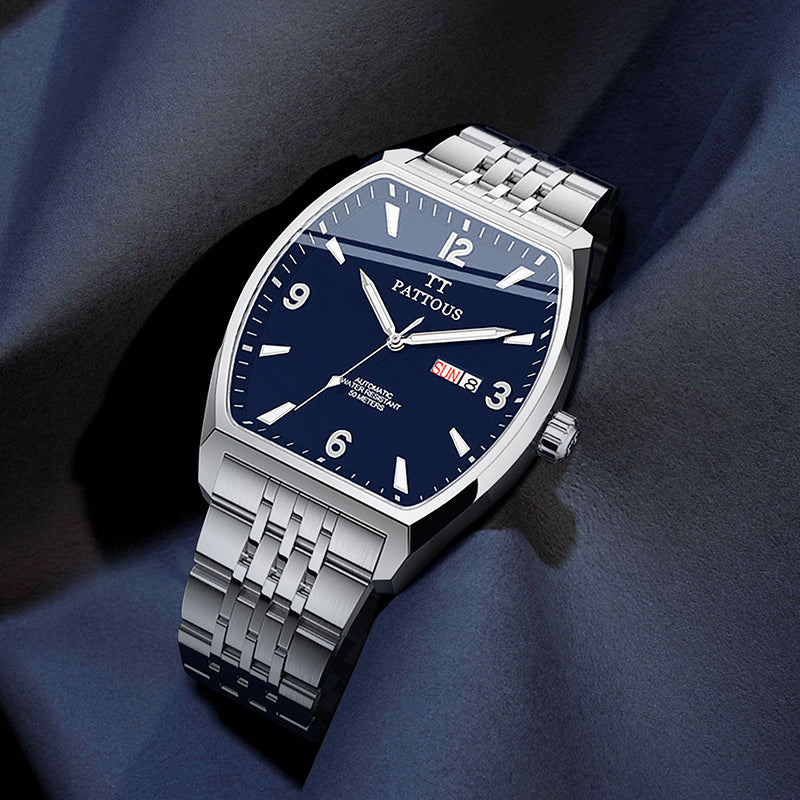 PATTOUS Tonneau Automatic Mechanical Men's Watch | Deep Blue Large Dial | Luminous, Date, Day & See-Through Caseback | 50M Waterproof Steel Bracelet