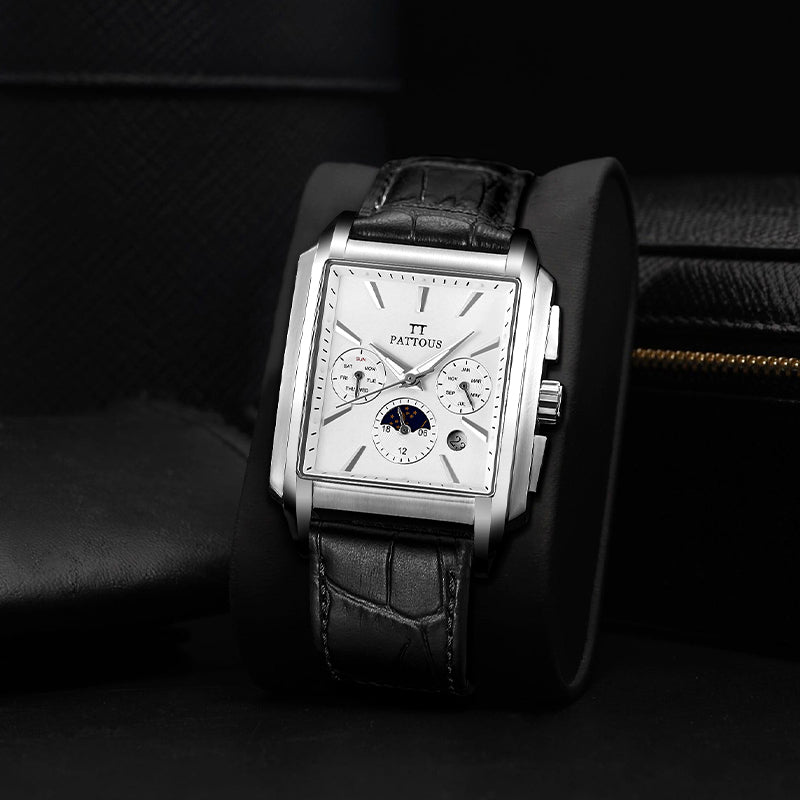 PATTOUS Stylish Square Moon Phase Mechanical Watch | Automatic | Luminous & Waterproof |