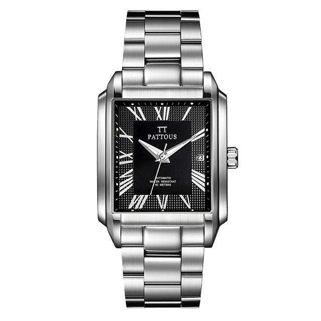 PATTOUS Rectangular Automatic Mechanical Watch for Men — Sapphire Crystal, 316L Steel, 50M Water Resistant
