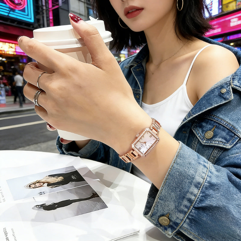 PATTOUS Small Square Quartz Women's Watch || Steel Bracelet  | 50M Waterproof | Valentine's Day Gift