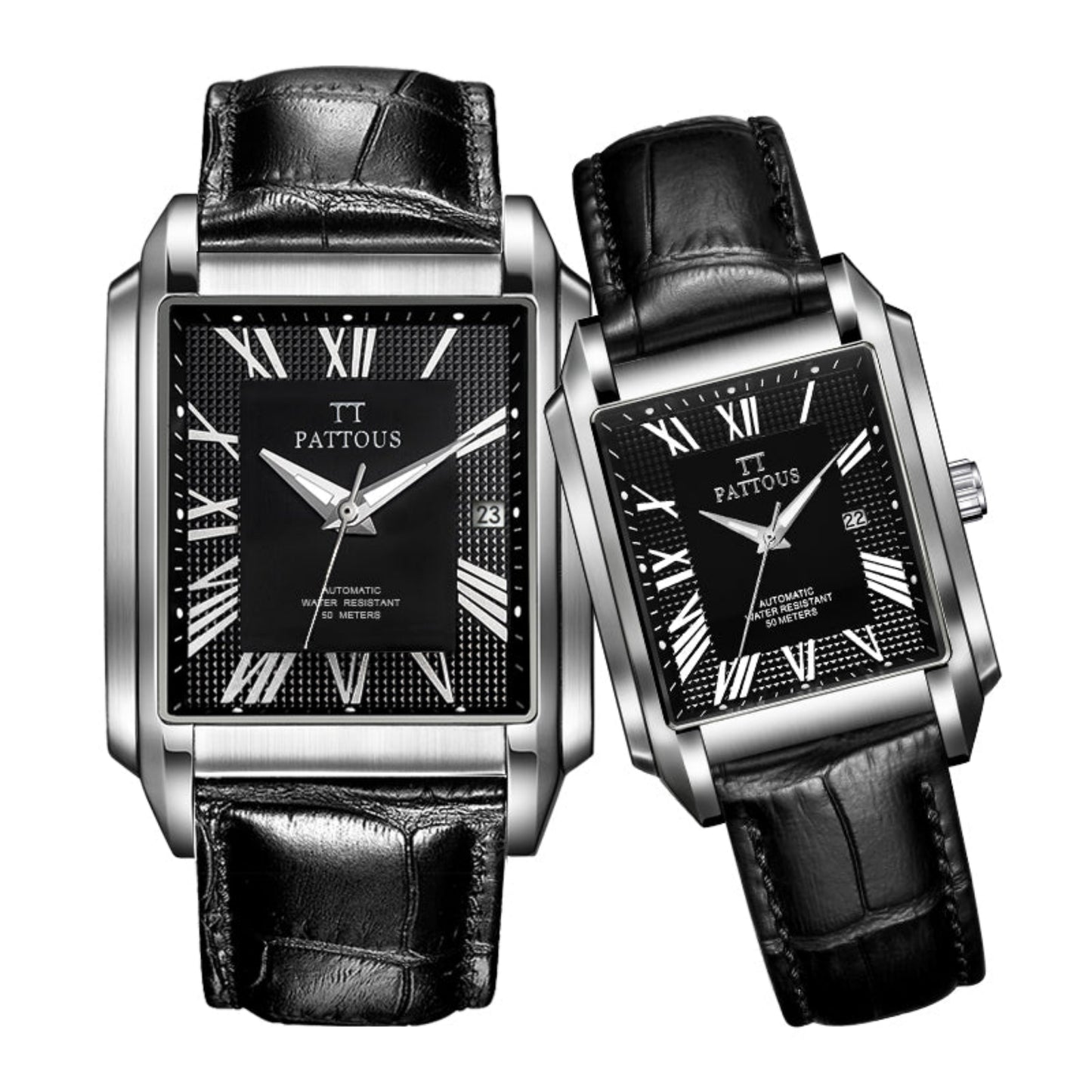 PATTOUS Hand-Wound/Automatic Mechanical Couple Watches, Rectangular Case, Water-Resistant Luminous Dial, Valentine's Day Gift Set for Him & He