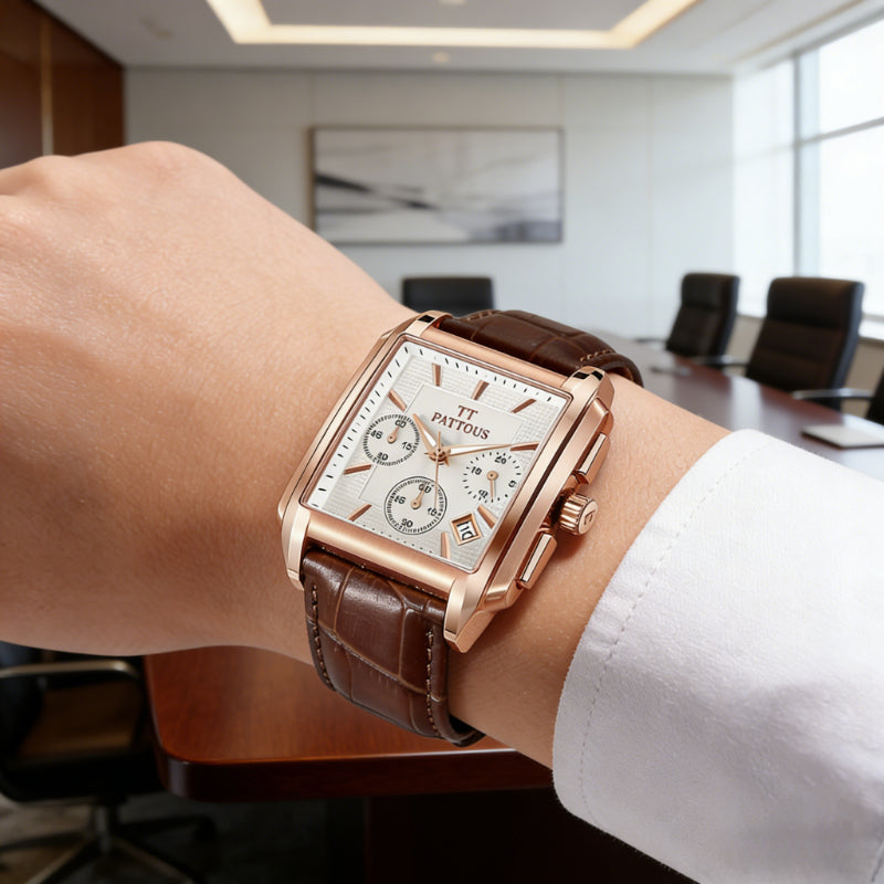 PATTOUS Men's Square Watch | Rose Gold | White Dial | Brown Leather