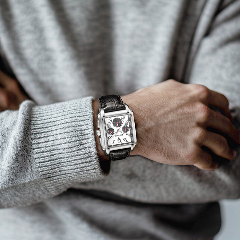 PATTOUS Stylish Rectangle Quartz Watch for Men – White Dial, Multifunction, 50M Waterproof, Perfect Boyfriend Gift