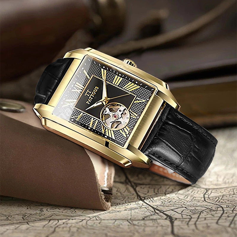 PATTOUS Men's Luxury Square Skeleton Automatic Watch - Gold Black
