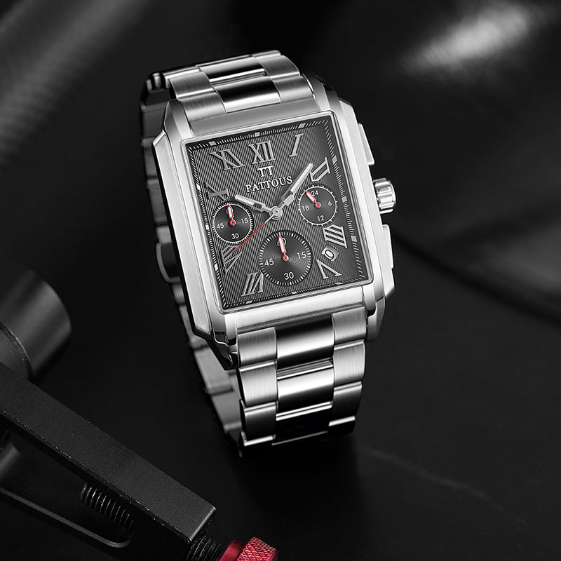 PATTOUS Men's Square Watch | Multifunction | Stainless Steel | Quartz | Water-Resistant
