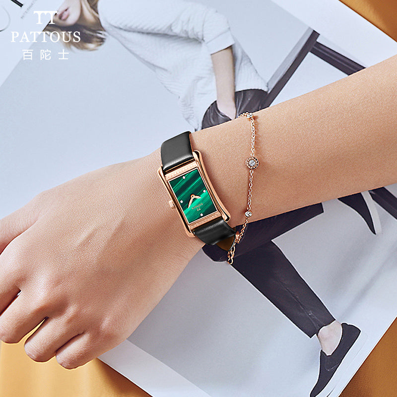 PATTOUS Vintage Small Square Quartz Women's Watch | Diamond Green Dial || 50M Waterproof | Upgraded Luxury Dress Watch