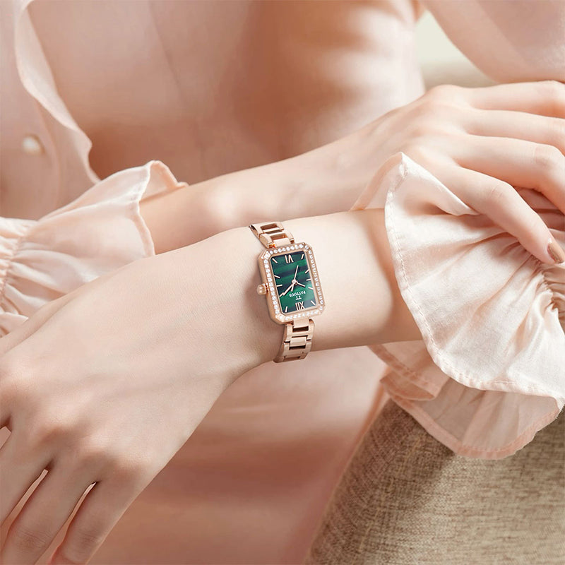 PATTOUS Small Square Quartz Women's Watch | Rose Gold Green Mother-of-Pearl Dial | Steel Bracelet | 3-Hand | 50M Waterproof | Valentine's Day Gift