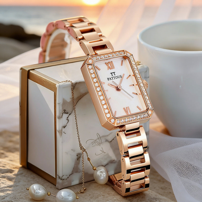 PATTOUS Small Square Quartz Women's Watch || Steel Bracelet  | 50M Waterproof | Valentine's Day Gift