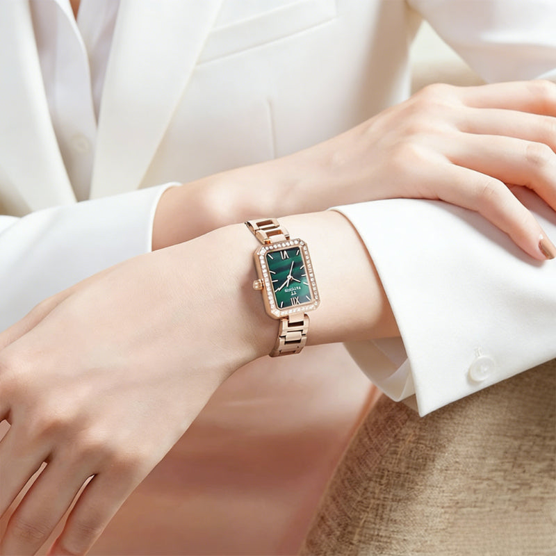 PATTOUS Small Square Quartz Women's Watch | Rose Gold Green Mother-of-Pearl Dial | Steel Bracelet | 3-Hand | 50M Waterproof | Valentine's Day Gift