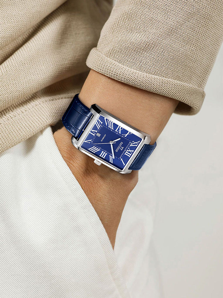 PATTOUS Square Ultra-Thin Automatic Mechanical Men's Watch | Deep Blue Dial | Luminous Hands, Date Display & See-Through Caseback | 50M Waterproof